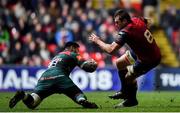 17 December 2017; CJ Stander of Munster is tackled by Manu Tuilagi of Leicester Tigers during the European Rugby Champions Cup Pool 4 Round 4 match between Leicester Tigers and Munster at Welford Road in Leicester, England. Photo by Brendan Moran/Sportsfile