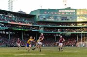 19 November 2017; Johnny Coen of Galway has a shot on goal despite the best efforts of David McInerney of Clare during the AIG Super 11's Fenway Classic Final match between Clare and Galway at Fenway Park in Boston, MA, USA. Photo by Brendan Moran/Sportsfile
