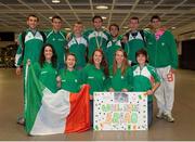 18 July 2011; Ireland's Brian Gregan, centre, who won Silver in the U-23 400m race during the European Under 23 Championships in Ostrava with some of his Irish team-mates, back row from left, Declan Monaghan, Timmy Crowe, David Flynn, Chris Russell, Paul Robinson, Kourosh Foroughi. Front row from left, Jessie Barr, Niamh Whelan, Kalyn Sheehan, Mairead Murphy and Sarah Treacy on their arrival back at Dublin Airport. Picture credit: Barry Cregg / SPORTSFILE