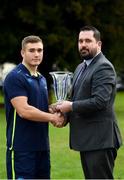 19 December 2017; Jordan Larmour receives the Bank of Ireland Leinster Rugby Player of the Month for November from Gavin Leech, Branch Manager, Bank of Ireland University College Dublin Montrose, at Leinster Rugby Headquarters in Dublin. Photo by Ramsey Cardy/Sportsfile