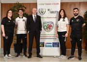 20 December 2017; Project Manager Derek O'Neill, centre, with Football Enterprise Coordinators, from left, Erika Ní Thuama of Cork City FC, Shane Fox of Bohemian FC, Carina O’Brien of Bohemian FC, and Chris McDermott of Cork City FC, at the FAI More Than A Club Launch at the FAI HQ in Abbotstown, Dublin. Photo by Seb Daly/Sportsfile