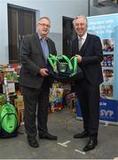 20 December 2017; FAI CEO John Delaney, along with Republic of Ireland Under 16 manager Paul Osam and Women's U16 manager Sharon Boyle, hand over Ireland bags full with jerseys, footballs & other merchandise to Liam Casey, East Region President, of the St Vincent De Paul as part of a Christmas donation for families in need. Pictured are Liam Casey, East Region President, of the St Vincent De Paul, left, and FAI CEO John Delaney, at the St Vincent De Paul National Office on Sean McDermott Street in Dublin. Photo by Seb Daly/Sportsfile