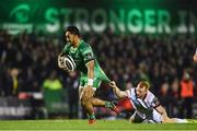 23 December 2017; Bundee Aki of Connacht on his way to scoring his side's second try despite the tackle of Peter Nelson of Ulster on his way to scoring his side's second try  during the Guinness PRO14 Round 11 match between Connacht and Ulster at the Sportsground in Galway. Photo by Sam Barnes/Sportsfile