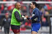 26 December 2017; Simon Zebo of Munster, left, and James Lowe of Leinster greet each other prior to the Guinness PRO14 Round 11 match between Munster and Leinster at Thomond Park in Limerick. Photo by Brendan Moran/Sportsfile