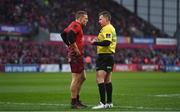 26 December 2017; Referee Nigel Owens speaks to Andrew Conway of Munster before showing him a yellow card and awarding a penalty try to Leinster during the Guinness PRO14 Round 11 match between Munster and Leinster at Thomond Park in Limerick. Photo by Brendan Moran/Sportsfile