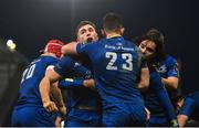26 December 2017; Jordan Larmour of Leinster celebrates with team-mates after scoring his side's fourth try during the Guinness PRO14 Round 11 match between Munster and Leinster at Thomond Park in Limerick. Photo by Ramsey Cardy/Sportsfile