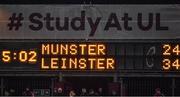 26 December 2017; /The final score is shown on the scoreboard after the Guinness PRO14 Round 11 match between Munster and Leinster at Thomond Park in Limerick. Photo by Brendan Moran/Sportsfile