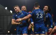 26 December 2017; Jordan Larmour of Leinster is congratulated by teammates Jamison Gibson-Park and James Lowe after scoring his side's fourth try during the Guinness PRO14 Round 11 match between Munster and Leinster at Thomond Park in Limerick. Photo by Ramsey Cardy/Sportsfile