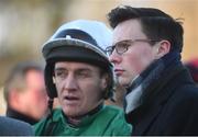 27 December 2017; Trainer Joseph O'Brien in the parade ring with jockey Barry Gerathy ahead of the Paddy Power Future Champions Novice Hurdle (Grade 1) on day 2 of the Leopardstown Christmas Festival at Leopardstown in Dublin. Photo by Barry Cregg/Sportsfile
