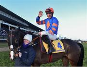 29 December 2017; Jockey Davy Russell celebrates after winning the Ryanair Hurdle with Mick Jazz on day 4 of the Leopardstown Christmas Festival at Leopardstown in Dublin. Photo by Seb Daly/Sportsfile