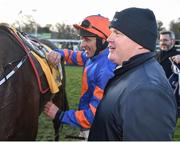 29 December 2017; Trainer Gordon Elliott, right, with jockey Davy Russell, after sending out Mick Jazz to win the Ryanair Hurdle on day 4 of the Leopardstown Christmas Festival at Leopardstown in Dublin. Photo by Seb Daly/Sportsfile