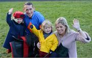 29 December 2017; Jockey Davy Russell, with daughter Lily, aged 3, left, son Finn, aged 2, and wife Edel after winning the Ryanair Hurdle on day 4 of the Leopardstown Christmas Festival at Leopardstown in Dublin. Photo by David Fitzgerald/Sportsfile