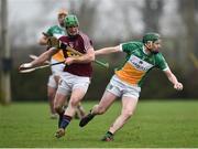 30 December 2017; Damien Egan of Offaly in action against John Gilligan of Westmeath during the Bord na Móna Walsh Cup Group 4 First Round match between Offaly and Westmeath at St Rynagh’s GAA club in Offaly. Photo by Seb Daly/Sportsfile