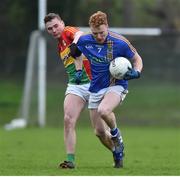 30 December 2017; John Crowe of Wicklow in action against Jordan Morrissey of Carlow during the Bord na Móna O'Byrne Cup Group 3 First Round match between Wicklow and Carlow at Bray Emmets GAA Club, Bray in Wicklow. Photo by Matt Browne/Sportsfile