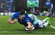 1 January 2018; Max Deegan of Leinster scores his side's first try despite the tackle of Niyi Adeolokun of Connacht during the Guinness PRO14 Round 12 match between Leinster and Connacht at the RDS Arena in Dublin. Photo by Ramsey Cardy/Sportsfile