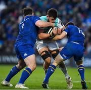 1 January 2018; Eoghan Masterson of Connacht is tackled by Peter Dooley, left, and Garry Ringrose of Leinster during the Guinness PRO14 Round 12 match between Leinster and Connacht at the RDS Arena in Dublin. Photo by Brendan Moran/Sportsfile