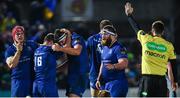 1 January 2018; Leinster players, including Bryan Byrne, 16, and Max Deegan celebrate a late penalty during the Guinness PRO14 Round 12 match between Leinster and Connacht at the RDS Arena in Dublin. Photo by Ramsey Cardy/Sportsfile