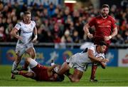 1 January 2018; Charles Piutau of Ulster tackled by Duncan Williams of Munster during the Guinness PRO14 Round 12 match between Ulster and Munster at Kingspan Stadium in Belfast. Photo by Oliver McVeigh/Sportsfile