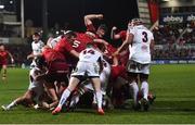 1 January 2018; Niall Scannell of Munster, hidden, goes over to score his side's first try during the Guinness PRO14 Round 12 match between Ulster and Munster at Kingspan Stadium in Belfast. Photo by David Fitzgerald/Sportsfile