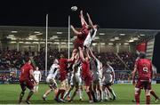 1 January 2018; Darren O’Shea of Munster wins a lineout from Kieran Treadwell of Ulster during the Guinness PRO14 Round 12 match between Ulster and Munster at Kingspan Stadium in Belfast. Photo by Oliver McVeigh/Sportsfile