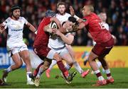 1 January 2018; John Cooney of Ulster tackled by Duncan Williams, left, and Simon Zebo of Munster during the Guinness PRO14 Round 12 match between Ulster and Munster at Kingspan Stadium in Belfast. Photo by Oliver McVeigh/Sportsfile