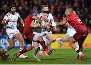 1 January 2018; John Cooney of Ulster  tackled by Duncan Williams, left, and Simon Zebo of Munster during the Guinness PRO14 Round 12 match between Ulster and Munster at Kingspan Stadium in Belfast. Photo by Oliver McVeigh/Sportsfile