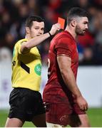 1 January 2018; Referee Sean Gallagher shows Sam Arnold of Munster a red card during the Guinness PRO14 Round 12 match between Ulster and Munster at Kingspan Stadium in Belfast. Photo by David Fitzgerald/Sportsfile