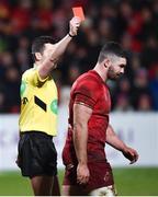 1 January 2018; Sam Arnold of Munster is shown a red card by referee Sean Gallagher during the Guinness PRO14 Round 12 match between Ulster and Munster at Kingspan Stadium in Belfast. Photo by David Fitzgerald/Sportsfile