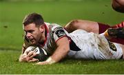 1 January 2018; Darren Cave of Ulster scores his side's first try during the Guinness PRO14 Round 12 match between Ulster and Munster at Kingspan Stadium in Belfast. Photo by David Fitzgerald/Sportsfile
