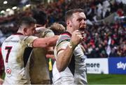 1 January 2018; Darren Cave of Ulster celebrates after team mate Rob Lyttle scored his side's fourth try during the Guinness PRO14 Round 12 match between Ulster and Munster at Kingspan Stadium in Belfast. Photo by David Fitzgerald/Sportsfile