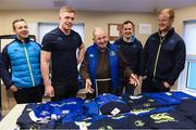4 January 2018; Leinster Rugby and Canterbury of New Zealand visited the Capuchin Day Centre for the homeless in Dublin city centre today to drop off warm clothing ahead of the expected cold snap in the coming weeks. Sean Kavanagh, Global Head of Sports Marketing and Sponsorship with Canterbury said, “In partnership with Leinster Rugby we saw an opportunity to donate kit not already used by the team to a worthwhile cause. Br. Kevin and the volunteers in the Capuchin Day Centre are doing great work for the homeless of Dublin and we are delighted to be able to contribute in a small way to what is a big issue for society as a whole.” Leinster and Ireland Rugby player Dan Leavy added, “Rugby Players’ Ireland have provided a number of opportunities for Leinster players over the last few months to volunteer in Dublin city centre with the homeless and this initiative by Canterbury and Leinster Rugby was another opportunity that the players were keen to get behind. Br. Kevin and his staff in the Capuchin Day Centre have been doing great work for years and hopefully this small gesture will help towards their endeavours.” Br. Kevin Crowley founder and CEO of the Capuchin Day Centre said,“ Homelessness in Ireland is still at crisis point and we need to keep that front of mind. It's a great boost to us all here today to have Leinster Rugby visit and keep the issue in the public domain this winter.“  Leinster Rugby also donated a signed jersey and match tickets to help with the fundraising efforts over the coming weeks. For further information or to donate to the Capuchin Day Centre please visit capuchindaycentre.ie during a Leinster Rugby visit to the Capuchin Day Centre in Dublin. Pictured at the visit with Br. Kevin Crowley are Leinster players, from left, Bryan Byrne, Dan leavy, Ed Byrne and Peadar Timmins. Photo by Brendan Moran/Sportsfile