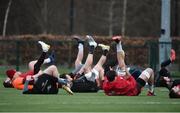 3 January 2018; Players stretch during Munster Rugby squad training at the University of Limerick in Limerick. Photo by Diarmuid Greene/Sportsfile