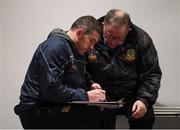 3 January 2018; Meath manager Nick Fitzgerald, left, and Meath County Board official Jimmy Henry write up the team prior to the Bord na Mona Walsh Cup Group 3 Second Round match between Meath and Dublin at Abbotstown GAA Pitches in Abbotstown, Dublin. Photo by Stephen McCarthy/Sportsfile