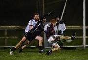 3 January 2018; Adrian Varley of Galway takes a shot under pressure from Eoin McHugh of Sligo during the Connacht FBD League Round 1 match between Sligo and Galway at the Connacht GAA Centre in Bekan, Co. Mayo. Photo by Seb Daly/Sportsfile
