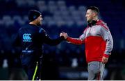 6 January 2018; Leinster kicking coach and head analyst Emmet Farrell shakes hands with John Cooney of Ulster ahead of the Guinness PRO14 Round 13 match between Leinster and Ulster at the RDS Arena in Dublin. Photo by Ramsey Cardy/Sportsfile