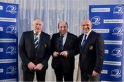6 January 2018; The Seán O'Brien Hall of Fame nominee for Senior Clubs Christy Dunne, of MU Barnhall RFC, is presented with his award by IRFU President Philip Orr, left, and Leinster Rugby President Niall Rynne, at the Leinster Rugby Junior lunch. This is the first time such a lunch has been held in celebration of Junior Rugby in Leinster and the inaugural Seán O’Brien Hall of Fame Award was presented to North Midlands Area Nominee Joe Kavanagh from Naas RFC. The event took place in the Ballsbridge Hotel in Dublin. Photo by Piaras Ó Mídheach/Sportsfile