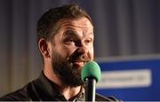 6 January 2018; Ireland defence coach Andy Farrell during a Q&A session at the Leinster Rugby Junior lunch. This is the first time such a lunch has been held in celebration of Junior Rugby in Leinster and the inaugural Seán O’Brien Hall of Fame Award was presented to North Midlands Area Nominee Joe Kavanagh from Naas RFC. The event took place in the Ballsbridge Hotel in Dublin. Photo by Piaras Ó Mídheach/Sportsfile