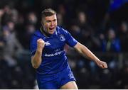 6 January 2018; Jordan Larmour of Leinster celebrates after scoring his side's first try during the Guinness PRO14 Round 13 match between Leinster and Ulster at the RDS Arena in Dublin. Photo by Seb Daly/Sportsfile