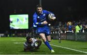 6 January 2018; Barry Daly of Leinster on his way to score his side's second ty despite the tackle of Charles Piutau of Ulster during the Guinness PRO14 Round 13 match between Leinster and Ulster at the RDS Arena in Dublin. Photo by Ramsey Cardy/Sportsfile