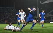 6 January 2018; Fergus McFadden of Leinster on his way to scoring his side's third try despite the tackle of Rory Best of Ulster during the Guinness PRO14 Round 13 match between Leinster and Ulster at the RDS Arena in Dublin. Photo by Ramsey Cardy/Sportsfile