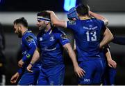 6 January 2018; Fergus McFadden of Leinster celebrates with team-mates after scoring his side's third try during the Guinness PRO14 Round 13 match between Leinster and Ulster at the RDS Arena in Dublin. Photo by Ramsey Cardy/Sportsfile