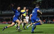 6 January 2018; Jamison Gibson-Park of Leinster celebrates his side's third try scored by Fergus McFadden, right, during the Guinness PRO14 Round 13 match between Leinster and Ulster at the RDS Arena in Dublin. Photo by Ramsey Cardy/Sportsfile