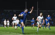 6 January 2018; Fergus McFadden of Leinster celebrates on his way to scoring his side's fourth try during the Guinness PRO14 Round 13 match between Leinster and Ulster at the RDS Arena in Dublin. Photo by Ramsey Cardy/Sportsfile