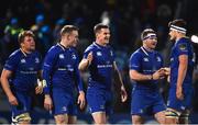 6 January 2018; Jonathan Sexton of Leinster, centre, celebrates after scoring his side's sixth try with team mates during the Guinness PRO14 Round 13 match between Leinster and Ulster at the RDS Arena in Dublin. Photo by David Fitzgerald/Sportsfile