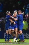 6 January 2018; Andrew Porter, centre, of Leinster is congratulated by teammates Sean Cronin, left, and Jack McGrath after playing an integral part in his side's fourth try during the Guinness PRO14 Round 13 match between Leinster and Ulster at the RDS Arena in Dublin. Photo by Seb Daly/Sportsfile