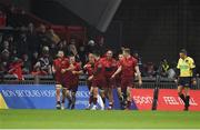 6 January 2018; Keith Earls of Munster is congratulated by team-mates after scoring his try during the Guinness PRO14 Round 13 match between Munster and Connacht at Thomond Park in Limerick. Photo by Diarmuid Greene/Sportsfile
