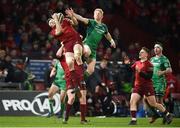 6 January 2018; Jack O'Donoghue of Munster wins possession ahead of Darragh Leader of Connacht during the Guinness PRO14 Round 13 match between Munster and Connacht at Thomond Park in Limerick. Photo by Diarmuid Greene/Sportsfile
