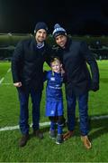6 January 2018; Matchday mascot 7 year old Harry McGeehan, Greystones, Co. Wicklow, with Leinster's Rob Kearney and Isa Nacewa ahead of the Guinness PRO14 Round 13 match between Leinster and Ulster at the RDS Arena in Dublin. Photo by Ramsey Cardy/Sportsfile