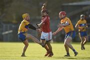 7 January 2018; Richard Cahalane of Cork in action against Colm Galvin, left, and Niall Deasy of Clare during the Co-op Superstores Munster Senior Hurling League match between Clare and Cork at Cusack Park in Clare. Photo by Diarmuid Greene/Sportsfile