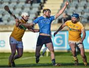 7 January 2018; Paul Winters of Dublin in action against Aaron Graffin, left, and John Dillon of Antrim during the Bord na Mona Walsh Cup Group 2 Third Round match between Dublin and Antrim at Parnell Park in Dublin. Photo by David Fitzgerald/Sportsfile